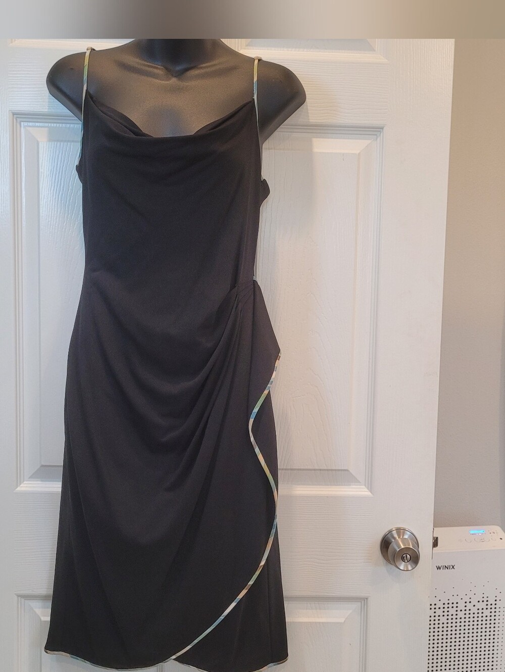 BCBGMAXAZRIA stretchy black slim spaghetti strap side ruffle Slip Dress